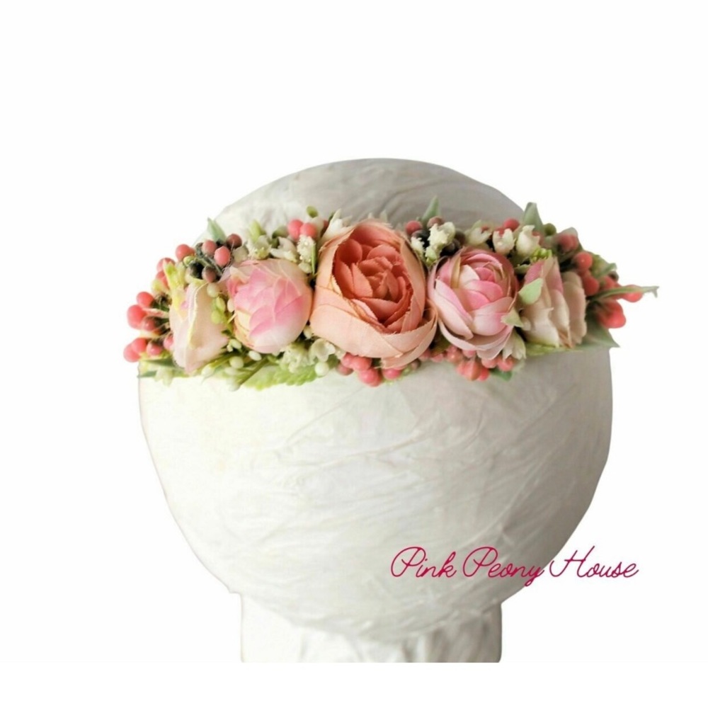 NWT Flower Halo Floral Crown Tie Back Photo Prop Fairy Peach nb 3m 6m 12m #TPPH